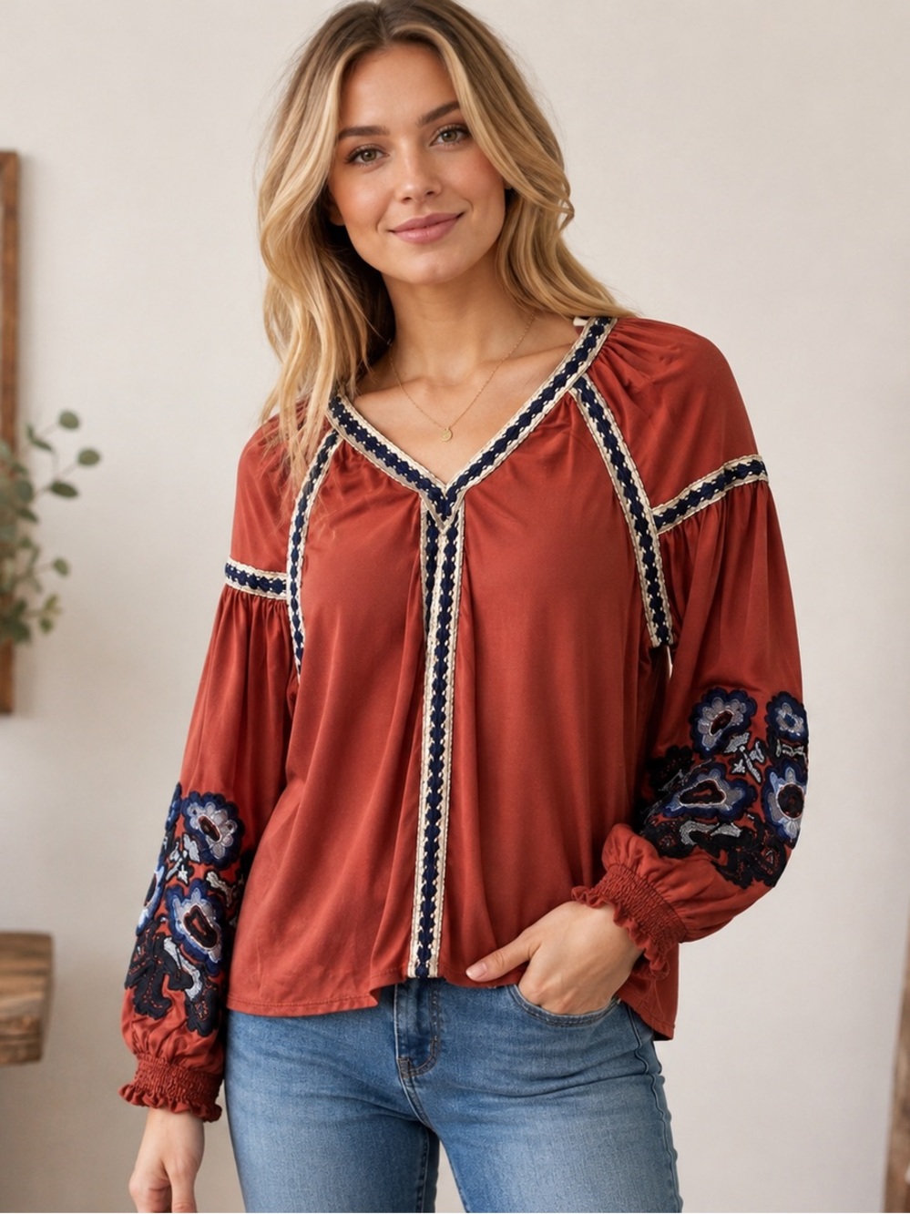 Mocha Apparel Rust Embroidered Boho Peasant Blouse Balloon Sleeve S NWT
